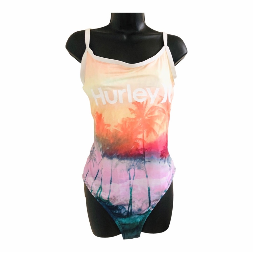 Hurley tropical sunset print low cut ladder back one piece swimsuit size XXL new